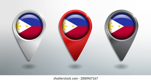 3D Pointer, Tag and Location Marker with Round Flag Nation of Philippines White, Red and Grey Glossy Model