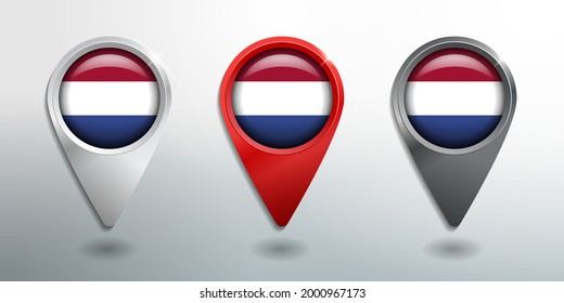 3D Pointer, Tag and Location Marker with Round Flag Nation of Netherlands White, Red and Grey Glossy Model