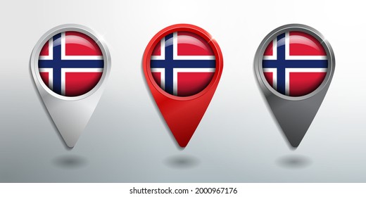 Marcador de posición, etiqueta y puntero 3D con bandera redonda de Noruega Modelo blanco, rojo y grisáceo