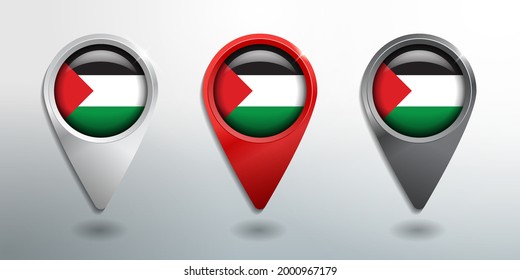 3D Pointer, Tag and Location Marker with Round Flag Nation of Palestine White, Red and Grey Glossy Model