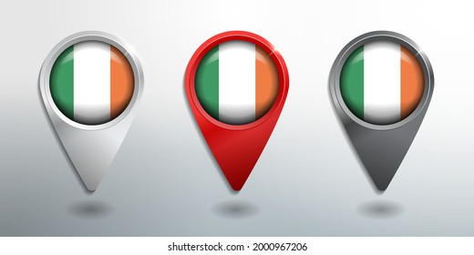 3D Pointer, Tag and Location Marker with Round Flag Nation of Ireland White, Red and Grey Glossy Model