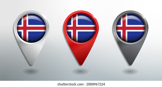 3D Pointer, Tag and Location Marker with Round Flag Nation of Iceland White, Red and Grey Glossy Model