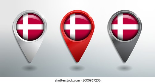 3D Pointer, Tag and Location Marker with Round Flag Nation of Denmark White, Red and Grey Glossy Model