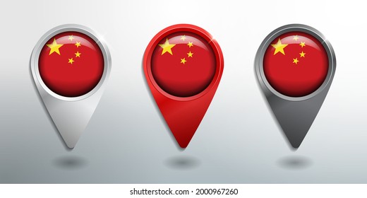 3D Pointer, Tag and Location Marker with Round Flag Nation of China White, Red and Grey Glossy Model