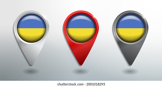 3D Pointer, Tag and Location Marker with Round Flag Nation of Ukraine White, Red and Grey Glossy Model