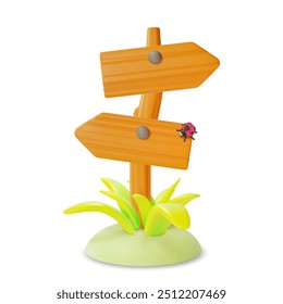 3d Ponteiro Viagem e Turismo Conceito Design de Desenho Animado Estilo Isolado em um Fundo Branco. Ilustração vetorial de placa com direção de madeira