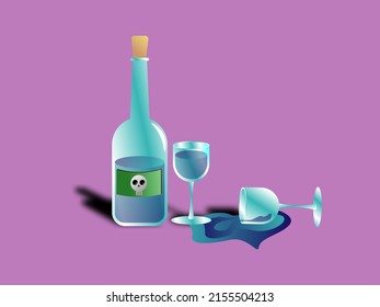 3d poison wine bottle and couple of wine glass in purple background