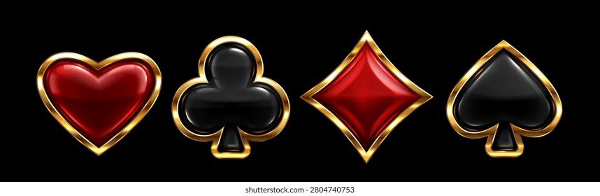 3D poker card suit icon set isolated on background. Vector realistic illustration of black and red spades, hearts, diamonds, clubs symbols in golden frames, luxury casino interface design elements