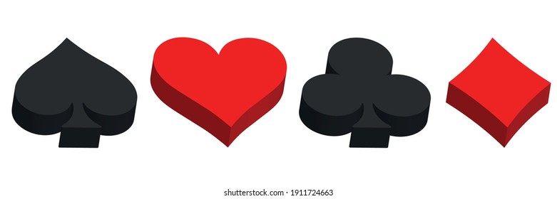 3D poker card suits - hearts, clubs, spades and diamonds. Casino gambling theme vector illustration. Black and red objects.