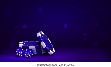 3d poker chips and dice in blue. A concept for a casino on a glowing bright background.