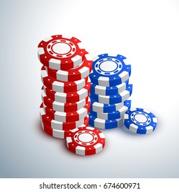 3D poker chips stacks on shiny background for Casino concept.