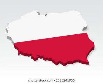 3D Polen Karte mit Flagge. Dreidimensionale Karte von Polen mit Schatten. Flagge von Polen auf weißem Hintergrund für Ihr Design, App, UI. Stock-Vektor. EPS10. 