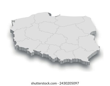 3d Poland white map with regions isolated on white background