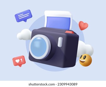 3d polaroid photo camera icon and frame social media. 3d snapshot camera, photo icon concept. Modern cartoon design for 3d camera photos. Lens isolated vector render illustration