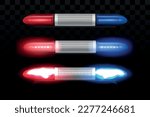 3d police, emergency ambulance flasher. Realistic beacon car light, dark sirens and lamp, alert equipment. Cop car lantern with glow reflection. Vector red and blue lights concept