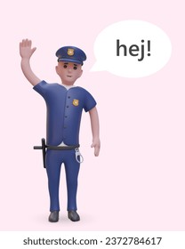 3D police officer waving and greeting. Dialogue cloud with text. Male character in blue policeman uniform is gesturing to attract attention. Illustration in cartoon style