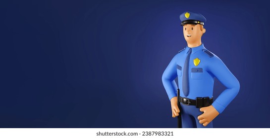 3D-Polizist-Vektorbanner. Cartoon-Männlicher Charakter des Polizeibeamten auf dunkelblauem Hintergrund