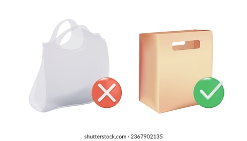3D Pollution problem concept. Say no to plastic bags, bring your own textile bag. Cartoon styled images with signage calling for stop using disposable polythene package. 3D Paper package vector