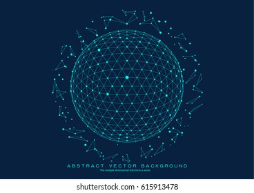 3D polygon mesh planet, dots and lines connected to the grid, abstract  background