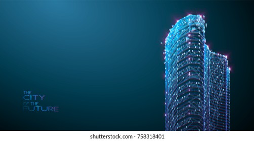 3d polygonal City, future, futuristic concept, metropolis for Vr glasses, virtual reality abstract city, tech background, Vector illustration.