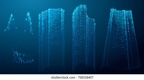 3d polygonal City, future, futuristic concept, metropolis for Vr glasses, virtual reality abstract city, tech background, Vector illustration.