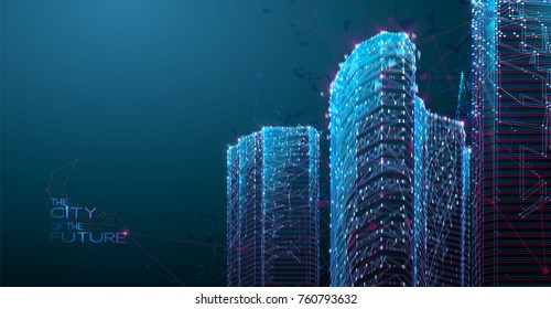 3d polygonal City, future, futuristic concept, metropolis for Vr glasses, virtual reality abstract city, tech background, Vector illustration.