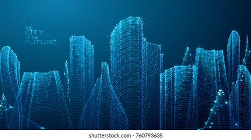 3d polygonal City, future, futuristic concept, metropolis for Vr glasses, virtual reality abstract city, tech background, Vector illustration.