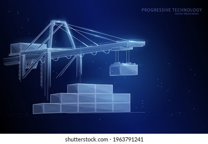 3D-Polygonal-Concept-Illustration eines Hafenkranes, der Container auf dunkelblauem Hintergrund entlädt, ein Symbol für Logistikinfrastruktur, Handel, Wirtschaft.