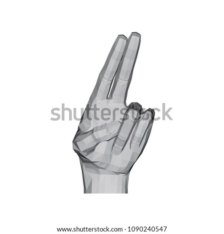 3D polygonal hand. The index and middle fingers together show up and slightly to the right. Vector illustration.