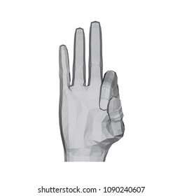 3D polygonal hand. The hand shows three fingers. Vector illustration.