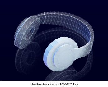 3D polygonal headphones with reflection on dark background. Abstract visualization of digital sound and modern music. Vector illustration of wireframe headphones - concept of online music listening.