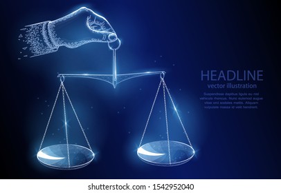 3d polygonal illustration concept of a hand holding scales on a dark blue background, a symbol of justice, harmony, equality.