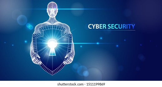 3D polygonal man holding a shield with a keyhole. Cyber security. Shield protect privacy and safety.