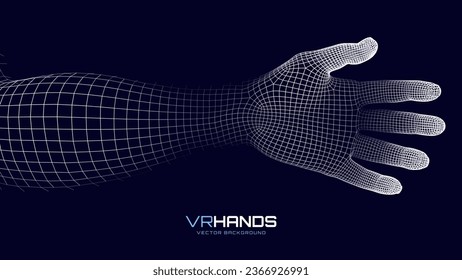 3D Polygonal Mesh Wireframe Hand in Virtual Reality. 3D Low Poly Hand. Vector Illustration.