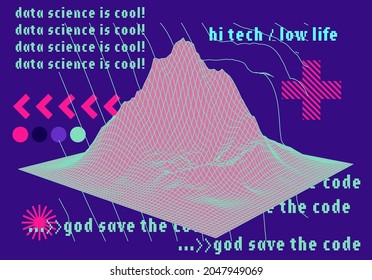 3D polygonal mountain landscape in retrofuturistic style. Concept of data visualization and  machine learning.