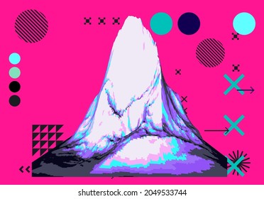 3D polygonal mountain landscape in retrofuturistic style. Concept of data visualization and  machine learning.