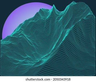 3D polygonal mountain landscape in retrofuturistic style. Concept of data visualization and  machine learning.