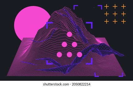 3D polygonal mountain landscape in retrofuturistic style. Concept of big data and virtual reality.