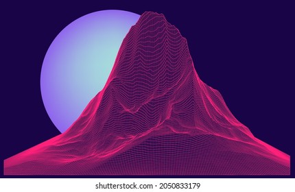 3D polygonal mountain landscape in retrofuturistic synthwave style.