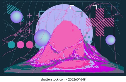 Paisaje de montaña polígono 3D en estilo retrofuturista. Concepto de visualización de datos y aprendizaje automático.