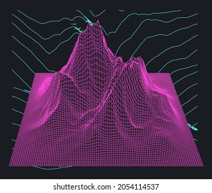 3D polygonal mountain landscape in retrofuturistic style. Concept of big data and virtual reality.