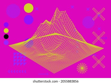 3D polygonal mountain landscape in retrofuturistic style. Concept of data visualization and  machine learning.
