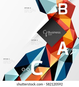 Triángulos de objetos poligonales 3d, fondo abstracto. Fondo de plantilla de vector para diseño de flujo de trabajo, diagrama, opciones de número o diseño web