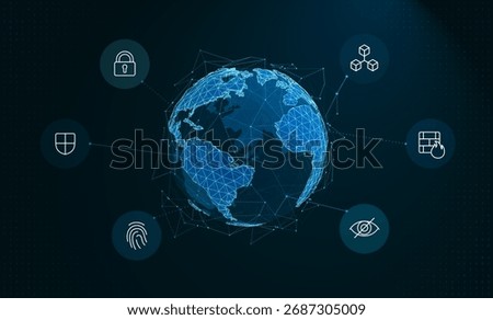 3D Polygonal planet earth, security icons and network lines. Abstract background of digital protection, safe data transmission, and cybersecurity across global internet systems. Blockchain technology
