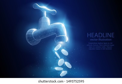 3d polygonal vector illustration concept, water tap with coins waving from it on a dark blue background, a symbol of wealth, money, income, profitable investment.