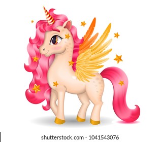 Unicornio Pony en 3D con grandes ojos y alas doradas, cascos de fondo blanco, caricatura de personajes dibujados a mano Ilustración vectorial dibujada