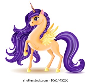 3D Pony Unicorn Character with Big Eyes, Golden Wings and Hooves on White Background, Long Hair (Mane, Tail), Striped Horn, Cartoon Personage Hand Drawn Vector Illustration for Children, EPS10