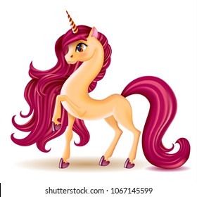 3D Pony Unicorn Character with Big Eyes on White Background, Long Hair (Mane, Tail), Striped Horn, Fantasy Animal, Photo Realistic, Cartoon Personage Hand Drawn Vector Illustration for Kids, Childrens