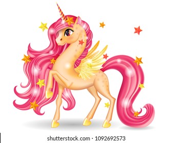 3D Pony Unicorn Character with Big Eyes and Golden Wings, Hooves, Isolated on White Background, Stars, Long Hair (Mane, Tail), Striped Horn, Cartoon Personage, Hand Drawn, Vector Illustration for Kids