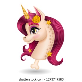 3D Pony Unicorn Head with Bone, Big Eyes and Golden Horn, Stars, Flower Yellow Rose, Multicolor, Long Hair (Mane), Isolated on White Background, Cartoon Character Hand Drawn Vector Illustration